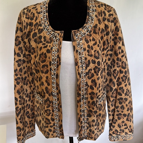 Animal Print Quilted Genuine Leather Jacket with Woven Chain Trim - Picture 1 of 15